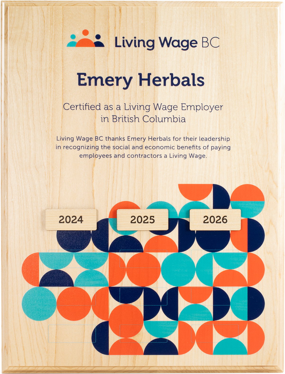 Certified Living Wage Wooden Wall Plaque wtih Date Plates
